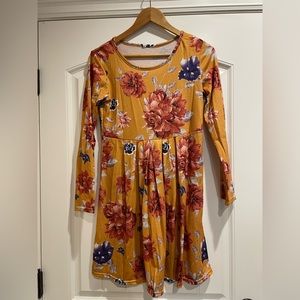 NWOT Casual Floral Round Neck Long Sleeve Tunic Pleated Swing Midi T-Shirt Dress